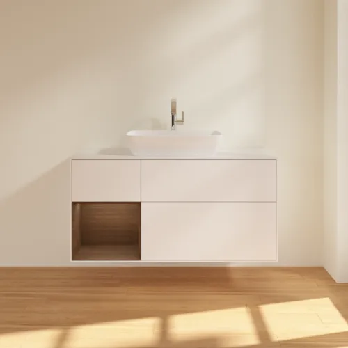 VILLEROY BOCH Toaletní skříňka Finion, s osvětlením, 3 výsuvy, 1200 x 603 x 501 mm, bílý matný lak / ořechová dýha / sklo bílé matné #F821GNMT, obrázek 3