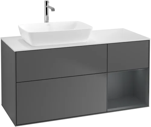 VILLEROY BOCH Toaletní skříňka Finion, s osvětlením, 3 výsuvy, 1200 x 603 x 501 mm, antracitový matný lak / půlnoční modrý matný lak / bílé matné sklo #F811HGGK, obrázek 1