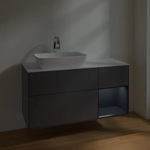 VILLEROY BOCH Toaletní skříňka Finion, s osvětlením, 3 výsuvy, 1200 x 603 x 501 mm, antracitový matný lak / půlnoční modrý matný lak / bílé matné sklo #F811HGGK, obrázek 5