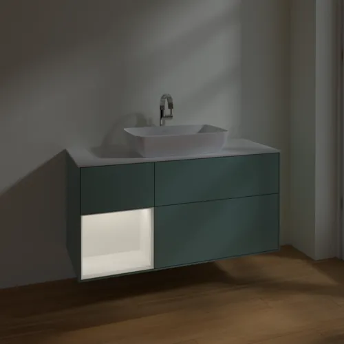 VILLEROY BOCH Toaletní skříňka Finion, s osvětlením, 3 výsuvy, 1200 x 603 x 501 mm, olivový matný lak / bílý matný lak / bílé matné sklo #F821MTGM, obrázek 5