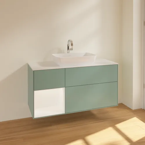 VILLEROY BOCH Toaletní skříňka Finion, s osvětlením, 3 výsuvy, 1200 x 603 x 501 mm, olivový matný lak / bílý matný lak / bílé matné sklo #F821MTGM, obrázek 2