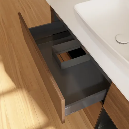 VILLEROY BOCH Toaletní skříňka Finion, s osvětlením, 3 výsuvy, 1200 x 603 x 501 mm, ořechová dýha / černý matný lak / sklo bílé matné #F831PDGN, obrázek 8