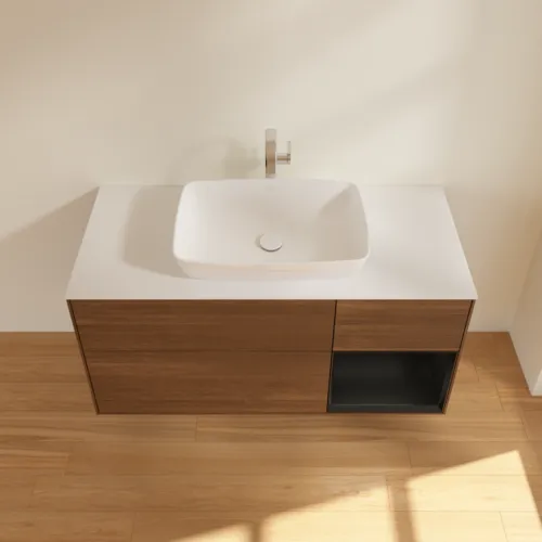 VILLEROY BOCH Toaletní skříňka Finion, s osvětlením, 3 výsuvy, 1200 x 603 x 501 mm, ořechová dýha / černý matný lak / sklo bílé matné #F831PDGN, obrázek 4