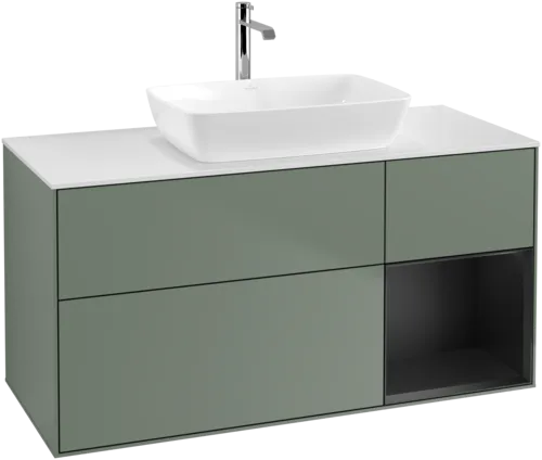 VILLEROY BOCH Toaletní skříňka Finion, s osvětlením, 3 výsuvy, 1200 x 603 x 501 mm, olivový matný lak / černý matný lak / bílé matné sklo #F831PDGM, obrázek 1