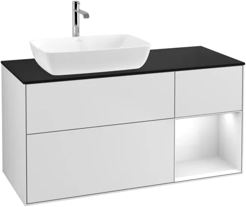 VILLEROY BOCH Toaletní skříňka Finion, s osvětlením, 3 výsuvy, 1200 x 603 x 501 mm, bílý matný lak / bílý lesklý lak / černé matné sklo #F812GFMT