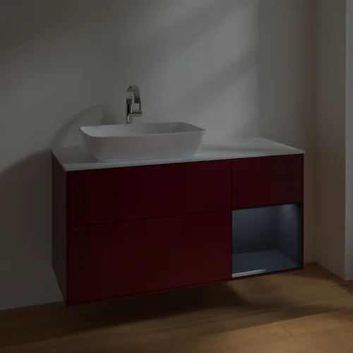 VILLEROY BOCH Toaletní skříňka Finion, s osvětlením, 3 výsuvy, 1200 x 603 x 501 mm, Pivoňka matný lak / Půlnoční modrá matný lak / Sklo bílé matné #F811HGHB, obrázek 5