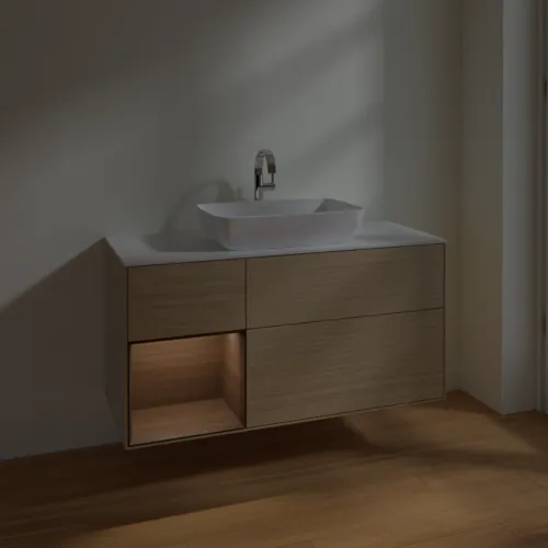 VILLEROY BOCH Toaletní skříňka Finion, s osvětlením, 3 výsuvy, 1200 x 603 x 501 mm, dubová dýha / ořechová dýha / sklo bílé matné #F821GNPC, obrázek 5