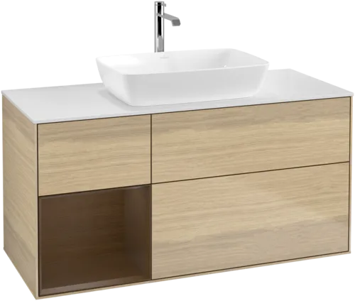 VILLEROY BOCH Toaletní skříňka Finion, s osvětlením, 3 výsuvy, 1200 x 603 x 501 mm, dubová dýha / ořechová dýha / sklo bílé matné #F821GNPC, obrázek 1