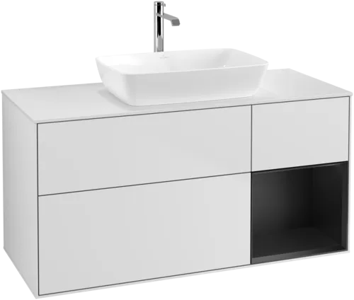 VILLEROY BOCH Toaletní skříňka Finion, s osvětlením, 3 výsuvy, 1200 x 603 x 501 mm, bílý matný lak / černý matný lak / bílé matné sklo #F831PDMT
