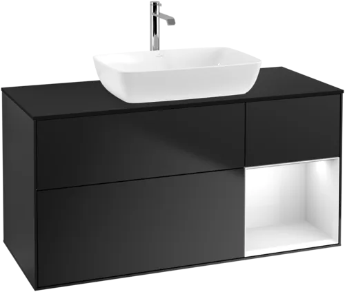 VILLEROY BOCH Toaletní skříňka Finion, s osvětlením, 3 výsuvy, 1200 x 603 x 501 mm, černý matný lak / bílý lesklý lak / černé matné sklo #F832GFPD, obrázek 1