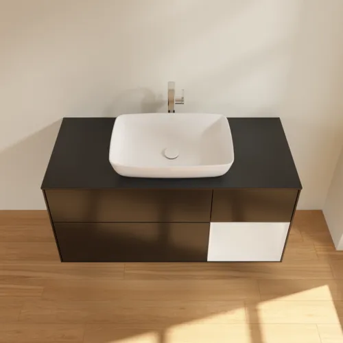 VILLEROY BOCH Toaletní skříňka Finion, s osvětlením, 3 výsuvy, 1200 x 603 x 501 mm, černý matný lak / bílý lesklý lak / černé matné sklo #F832GFPD, obrázek 4