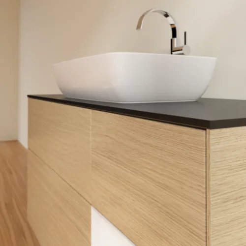 VILLEROY BOCH Toaletní skříňka Finion, s osvětlením, 3 výsuvy, 1200 x 603 x 501 mm, dubová dýha / lesklý bílý lak / černé matné sklo #F832GFPC, obrázek 6