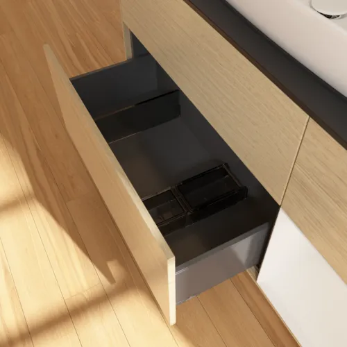 VILLEROY BOCH Toaletní skříňka Finion, s osvětlením, 3 výsuvy, 1200 x 603 x 501 mm, dubová dýha / lesklý bílý lak / černé matné sklo #F832GFPC, obrázek 7