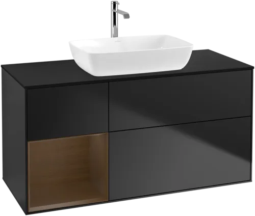 VILLEROY BOCH Toaletní skříňka Finion, s osvětlením, 3 výsuvy, 1200 x 603 x 501 mm, černý matný lak / ořechová dýha / černé matné sklo #F822GNPD, obrázek 1