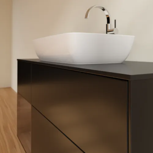 VILLEROY BOCH Toaletní skříňka Finion, s osvětlením, 3 výsuvy, 1200 x 603 x 501 mm, černý matný lak / ořechová dýha / černé matné sklo #F822GNPD, obrázek 6