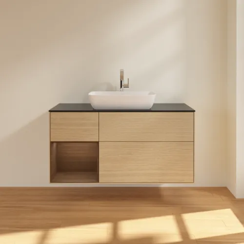 VILLEROY BOCH Toaletní stolek Finion, s osvětlením, 3 výsuvy, 1200 x 603 x 501 mm, dubová dýha / ořechová dýha / sklo černé matné #F822GNPC, obrázek 3