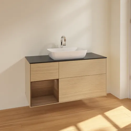 VILLEROY BOCH Toaletní stolek Finion, s osvětlením, 3 výsuvy, 1200 x 603 x 501 mm, dubová dýha / ořechová dýha / sklo černé matné #F822GNPC, obrázek 2