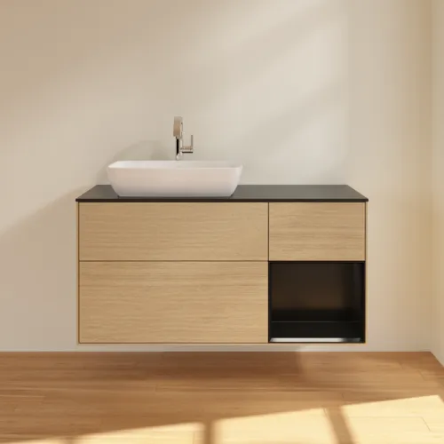 VILLEROY BOCH Toaletní skříňka Finion, s osvětlením, 3 výsuvy, 1200 x 603 x 501 mm, dubová dýha / černý matný lak / černé matné sklo #F812PDPC, obrázek 3