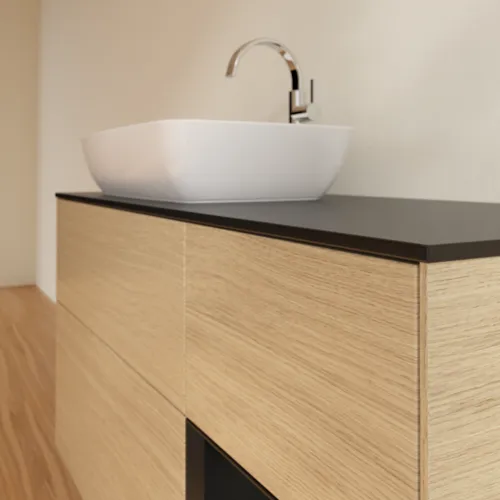VILLEROY BOCH Toaletní skříňka Finion, s osvětlením, 3 výsuvy, 1200 x 603 x 501 mm, dubová dýha / černý matný lak / černé matné sklo #F812PDPC, obrázek 6
