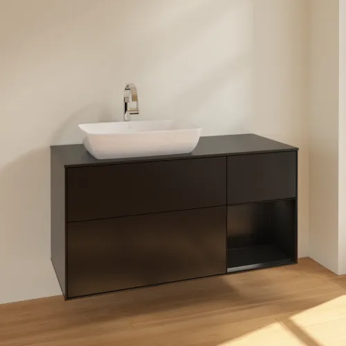 VILLEROY BOCH Toaletní skříňka Finion, s osvětlením, 3 výsuvy, 1200 x 603 x 501 mm, černý matný lak / černý matný lak / černé matné sklo #F812PDPD, obrázek 2