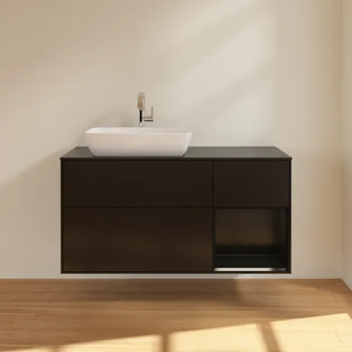 VILLEROY BOCH Toaletní skříňka Finion, s osvětlením, 3 výsuvy, 1200 x 603 x 501 mm, černý matný lak / černý matný lak / černé matné sklo #F812PDPD, obrázek 3