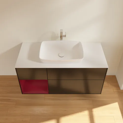 VILLEROY BOCH Toaletní skříňka Finion, s osvětlením, 3 výsuvy, 1200 x 603 x 501 mm, černý matný lak / pivoňkový matný lak / bílé matné sklo #F821HBPD, obrázek 4