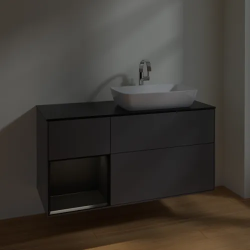 VILLEROY BOCH Toaletní skříňka Finion, s osvětlením, 3 výsuvy, 1200 x 603 x 501 mm, antracitový matný lak / černý matný lak / černé matné sklo #F802PDGK, obrázek 5