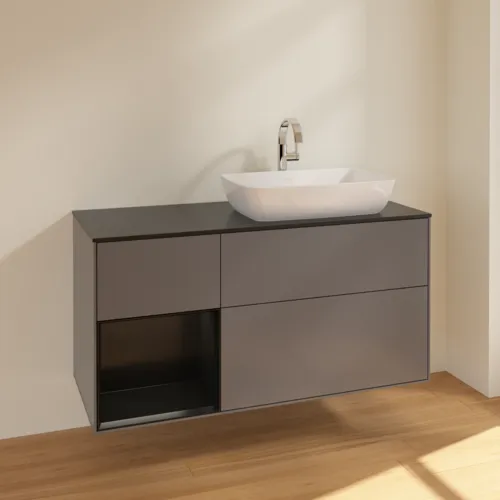 VILLEROY BOCH Toaletní skříňka Finion, s osvětlením, 3 výsuvy, 1200 x 603 x 501 mm, antracitový matný lak / černý matný lak / černé matné sklo #F802PDGK, obrázek 2
