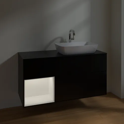 VILLEROY BOCH Toaletní skříňka Finion, s osvětlením, 3 výsuvy, 1200 x 603 x 501 mm, černý matný lak / bílý matný lak / černé matné sklo #F802MTPD, obrázek 5