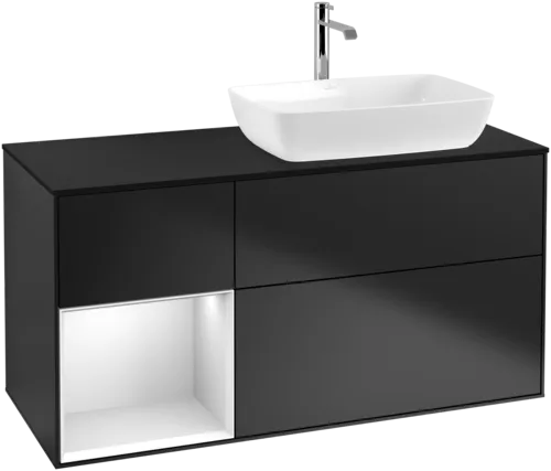 VILLEROY BOCH Toaletní skříňka Finion, s osvětlením, 3 výsuvy, 1200 x 603 x 501 mm, černý matný lak / bílý matný lak / černé matné sklo #F802MTPD, obrázek 1