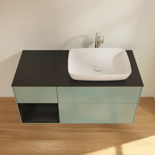 VILLEROY BOCH Toaletní skříňka Finion, s osvětlením, 3 výsuvy, 1200 x 603 x 501 mm, olivový matný lak / černý matný lak / černé matné sklo #F802PDGM, obrázek 4