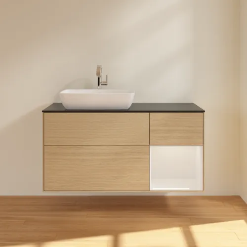 VILLEROY BOCH Toaletní skříňka Finion, s osvětlením, 3 výsuvy, 1200 x 603 x 501 mm, dubová dýha / lesklý bílý lak / černé matné sklo #F812GFPC, obrázek 3