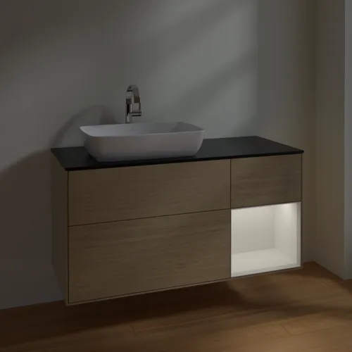 VILLEROY BOCH Toaletní skříňka Finion, s osvětlením, 3 výsuvy, 1200 x 603 x 501 mm, dubová dýha / lesklý bílý lak / černé matné sklo #F812GFPC, obrázek 5