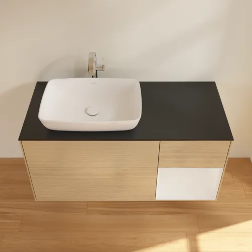 VILLEROY BOCH Toaletní skříňka Finion, s osvětlením, 3 výsuvy, 1200 x 603 x 501 mm, dubová dýha / lesklý bílý lak / černé matné sklo #F812GFPC, obrázek 4