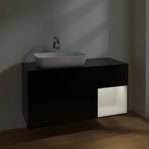 VILLEROY BOCH Toaletní skříňka Finion, s osvětlením, 3 výsuvy, 1200 x 603 x 501 mm, černý matný lak / bílý lesklý lak / černé matné sklo #F812GFPD, obrázek 5