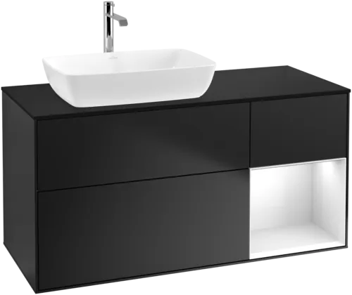 VILLEROY BOCH Toaletní skříňka Finion, s osvětlením, 3 výsuvy, 1200 x 603 x 501 mm, černý matný lak / bílý lesklý lak / černé matné sklo #F812GFPD
