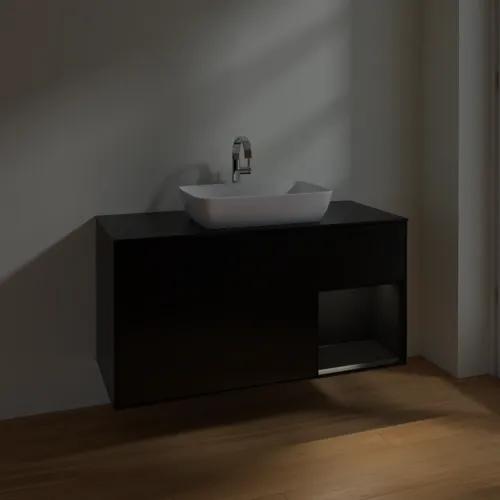 VILLEROY BOCH Toaletní skříňka Finion, s osvětlením, 3 výsuvy, 1200 x 603 x 501 mm, černý matný lak / černý matný lak / černé matné sklo #F832PDPD, obrázek 5