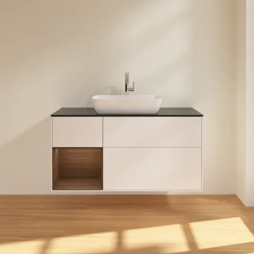 VILLEROY BOCH Toaletní skříňka Finion, s osvětlením, 3 výsuvy, 1200 x 603 x 501 mm, bílý matný lak / ořechová dýha / černé matné sklo #F822GNMT, obrázek 3
