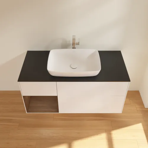 VILLEROY BOCH Toaletní skříňka Finion, s osvětlením, 3 výsuvy, 1200 x 603 x 501 mm, bílý matný lak / ořechová dýha / černé matné sklo #F822GNMT, obrázek 4