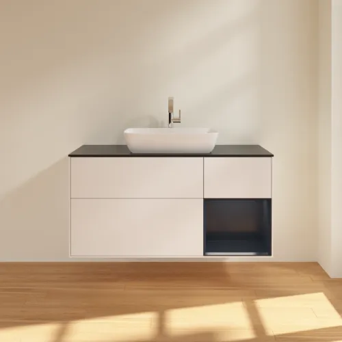 VILLEROY BOCH Toaletní skříňka Finion, s osvětlením, 3 výsuvy, 1200 x 603 x 501 mm, bílý matný lak / půlnoční modrý matný lak / černé matné sklo #F832HGMT, obrázek 3