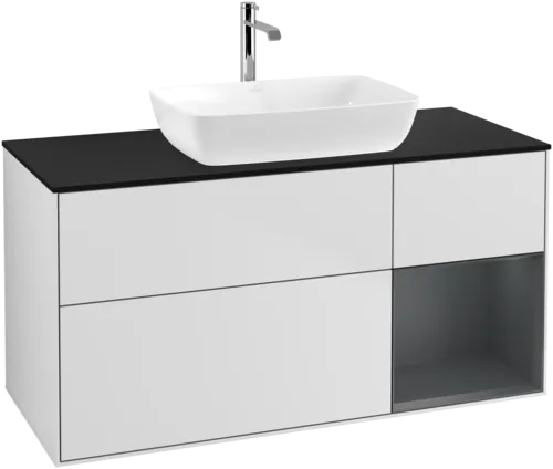 VILLEROY BOCH Toaletní skříňka Finion, s osvětlením, 3 výsuvy, 1200 x 603 x 501 mm, bílý matný lak / půlnoční modrý matný lak / černé matné sklo #F832HGMT, obrázek 1
