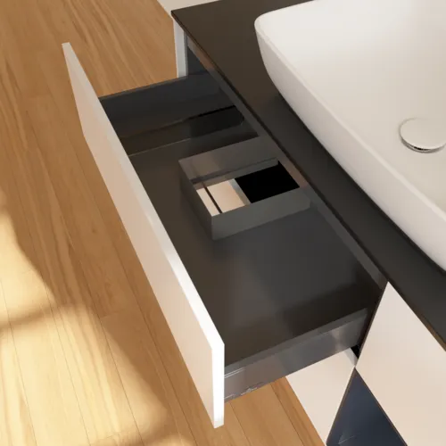VILLEROY BOCH Toaletní skříňka Finion, s osvětlením, 3 výsuvy, 1200 x 603 x 501 mm, bílý matný lak / půlnoční modrý matný lak / černé matné sklo #F832HGMT, obrázek 8