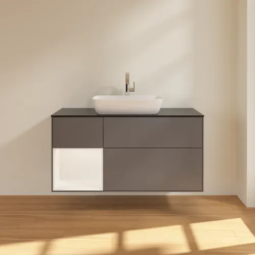 VILLEROY BOCH Toaletní skříňka Finion, s osvětlením, 3 výsuvy, 1200 x 603 x 501 mm, antracitový matný lak / bílý matný lak / černé matné sklo #F822MTGK, obrázek 3
