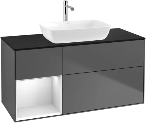 VILLEROY BOCH Toaletní skříňka Finion, s osvětlením, 3 výsuvy, 1200 x 603 x 501 mm, antracitový matný lak / bílý matný lak / černé matné sklo #F822MTGK