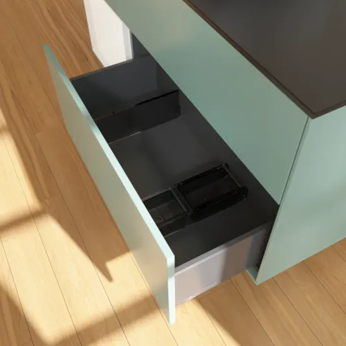 VILLEROY BOCH Toaletní skříňka Finion, s osvětlením, 3 výsuvy, 1200 x 603 x 501 mm, olivový matný lak / bílý matný lak / černé matné sklo #F822MTGM, obrázek 7