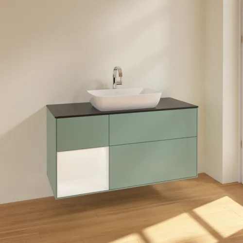 VILLEROY BOCH Toaletní skříňka Finion, s osvětlením, 3 výsuvy, 1200 x 603 x 501 mm, olivový matný lak / bílý matný lak / černé matné sklo #F822MTGM, obrázek 2