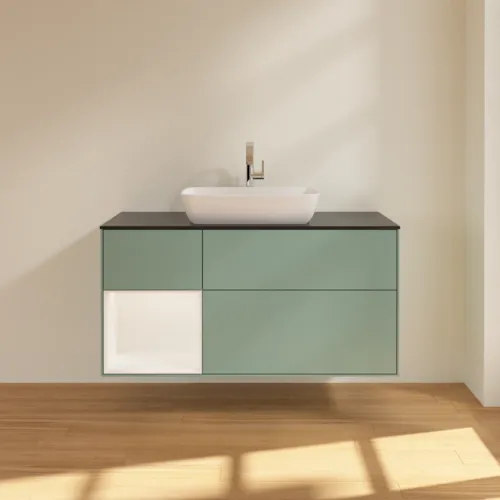 VILLEROY BOCH Toaletní skříňka Finion, s osvětlením, 3 výsuvy, 1200 x 603 x 501 mm, olivový matný lak / bílý matný lak / černé matné sklo #F822MTGM, obrázek 3