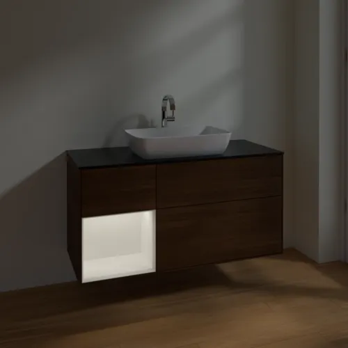 VILLEROY BOCH Toaletní skříňka Finion, s osvětlením, 3 výsuvy, 1200 x 603 x 501 mm, ořechová dýha / bílý matný lak / černé matné sklo #F822MTGN, obrázek 5