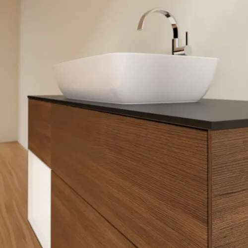 VILLEROY BOCH Toaletní skříňka Finion, s osvětlením, 3 výsuvy, 1200 x 603 x 501 mm, ořechová dýha / bílý matný lak / černé matné sklo #F822MTGN, obrázek 6