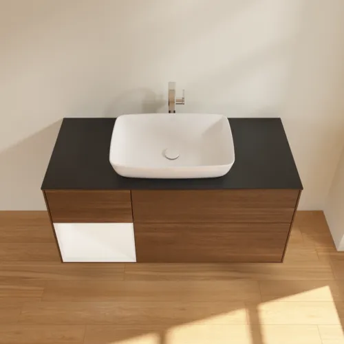 VILLEROY BOCH Toaletní skříňka Finion, s osvětlením, 3 výsuvy, 1200 x 603 x 501 mm, ořechová dýha / bílý matný lak / černé matné sklo #F822MTGN, obrázek 4